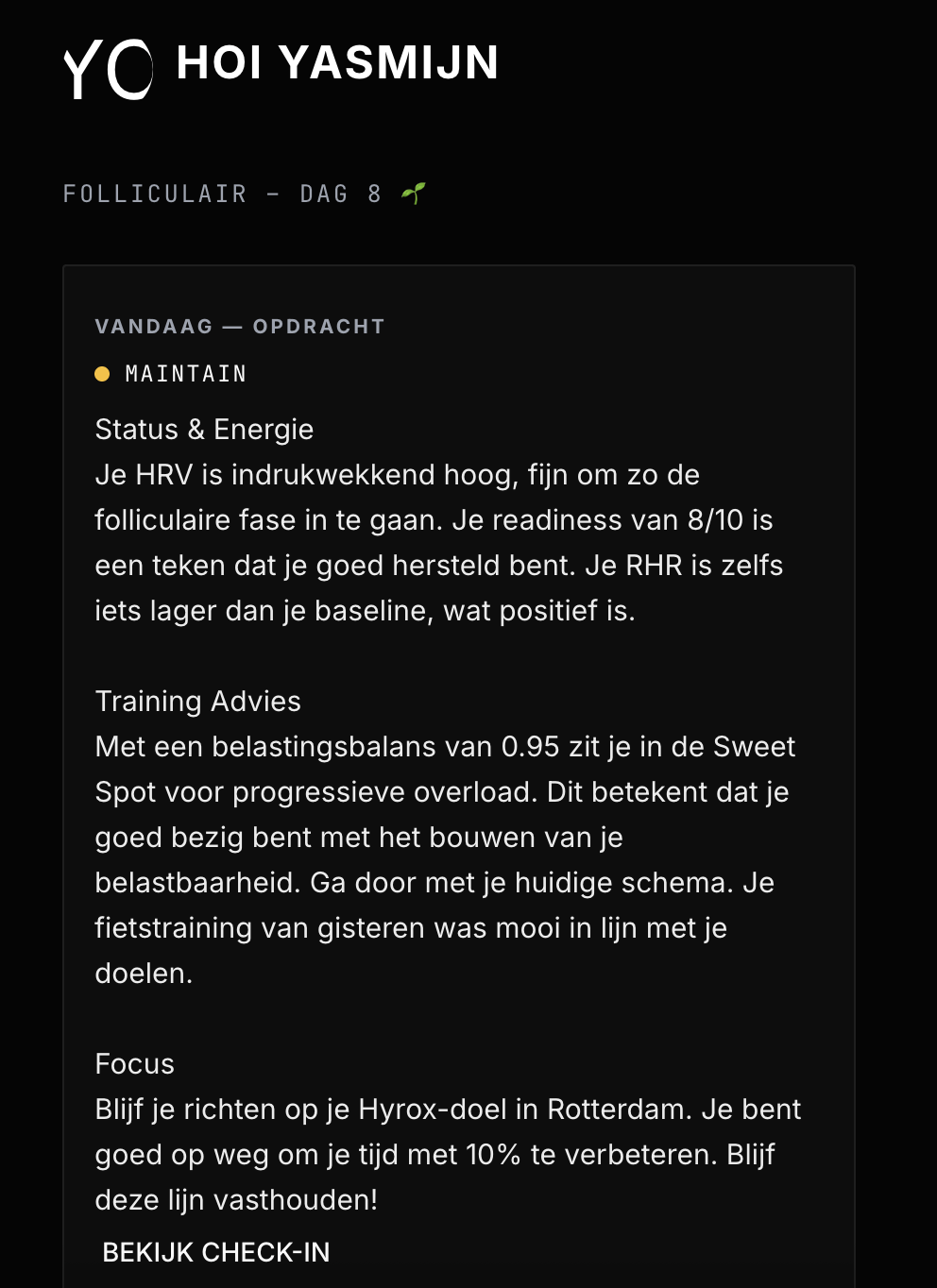 PrimeForm app — lidkaart dagadvies
